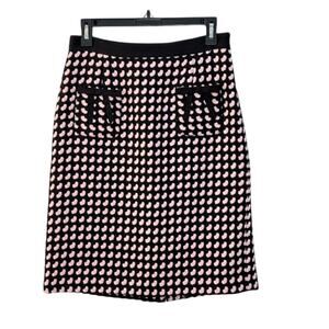 Milly NY Pink Black Wool Houndstooth Gingham Trim Pencil Skirt Sz 6